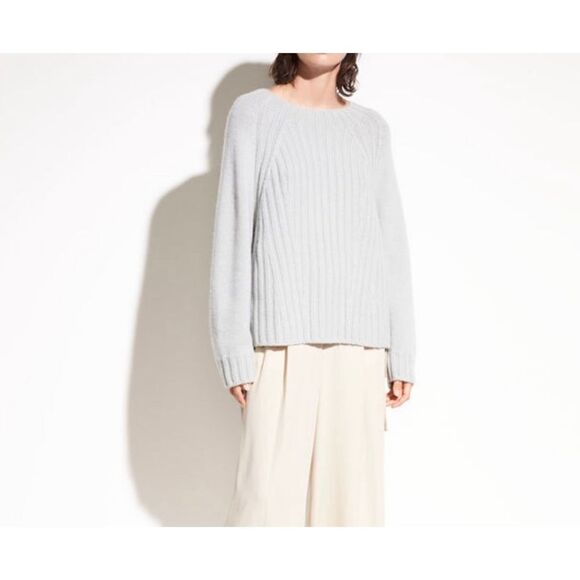 Vince Raglan Ribbed Wool & Cashmere Crew Light Heather Grey Sweater - Picture 1 of 12